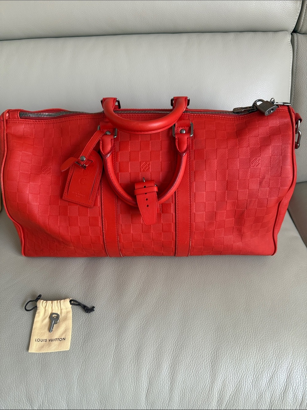 Louis Vuitton Red Damier Keepall Travel Duffel Bag
